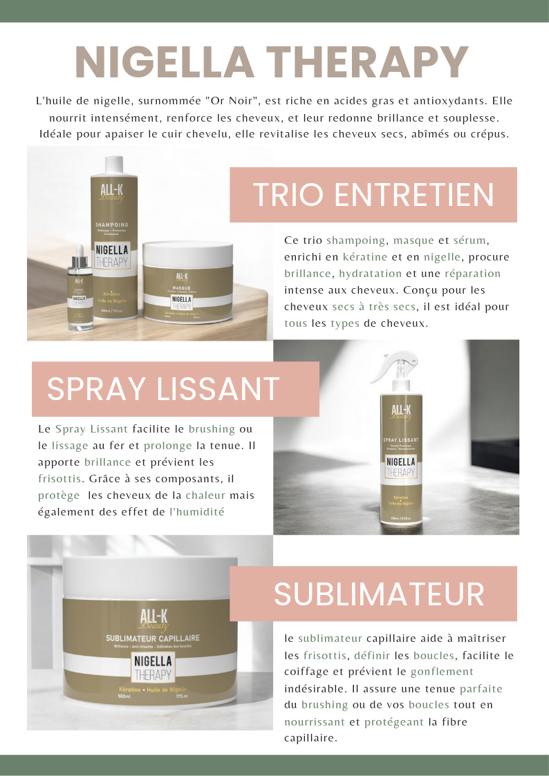 Spray Lissant Kératine – Anti-Frizz & Thermo-Protecteur, Coiffage Facilité
 Nigella Therapy - All-k Beauty - 250 ml